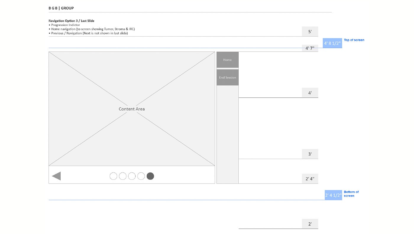 Navigation layout wireframe with dimension annotations