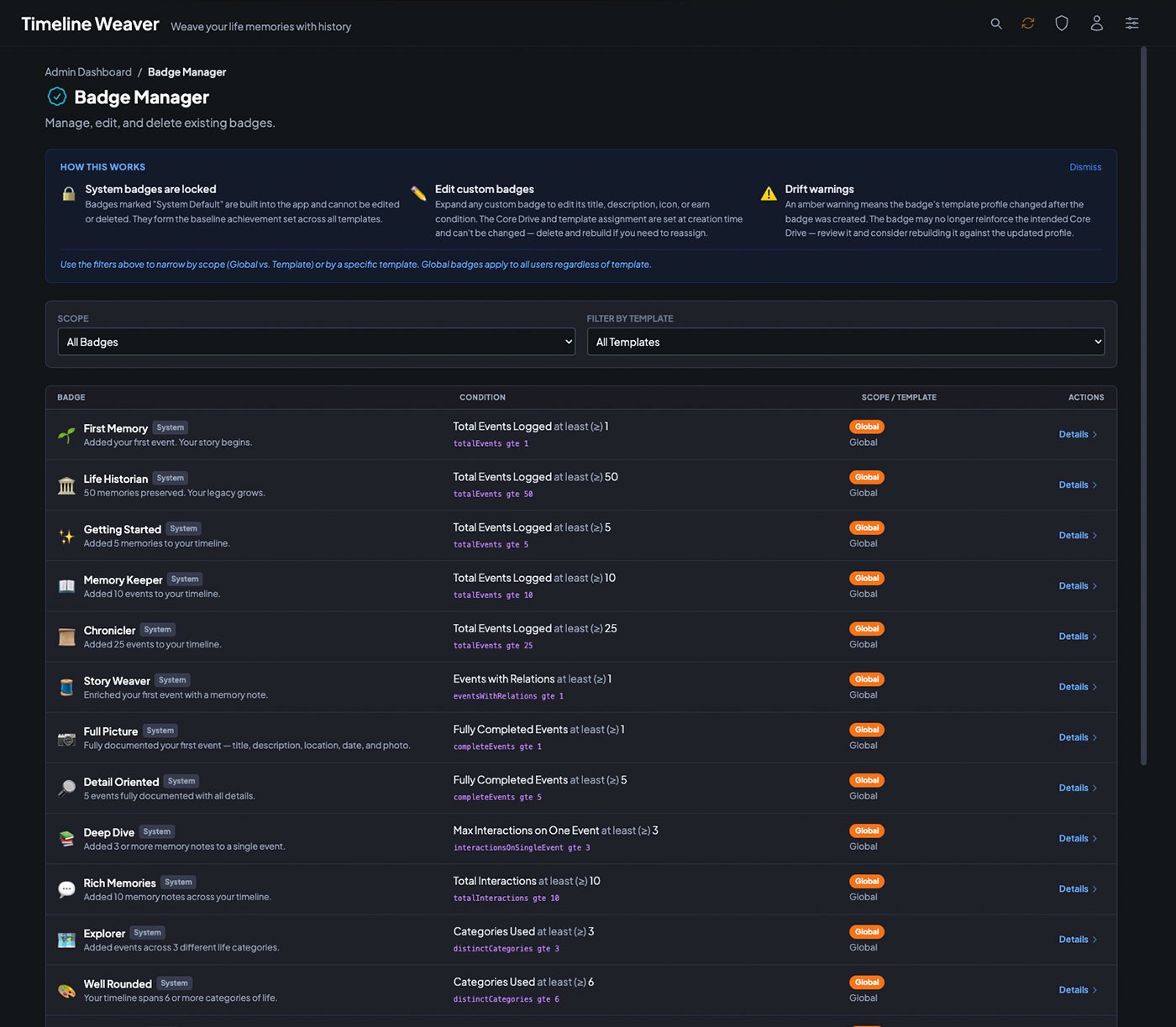 Badge Manager — system badge list